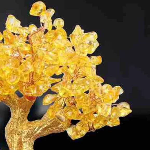 Citrine-coloured resin turtle money tree Feng Shui ornament measuring 18cm tall with detailed animal modelling