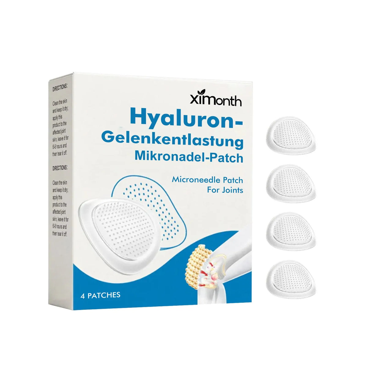 Four hyaluronic acid joint relief microneedle patches with botanical ingredients on PE backing