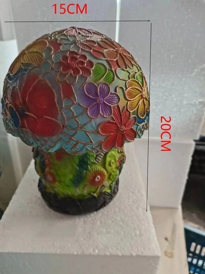 Coloured glass desk lamp with mushroom theme, 15-20cm height, plastic base