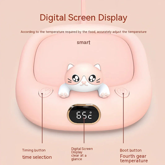 Pink ABS plastic cup warming holder with electroplated metal heating surface measuring 136x116x55mm