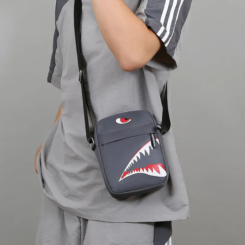 Men's small black crossbody bag with animal pattern printing and oxford cloth construction