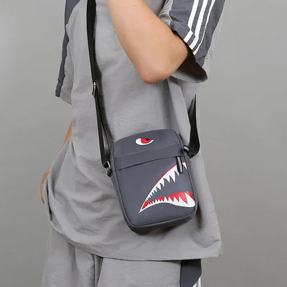 Men's small black crossbody bag with animal pattern printing and oxford cloth construction