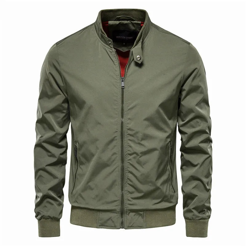Men's thin polyester jacket in dark blue, black, or army green with continental sizing from S to XXL for casual wear.