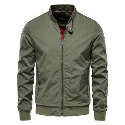 Men's thin polyester jacket in dark blue, black, or army green with continental sizing from S to XXL for casual wear.