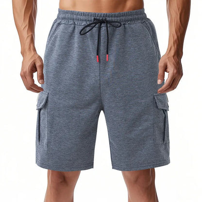 A pair of light grey heavy loose casual sports cargo shorts with multiple pockets on a mannequin.
