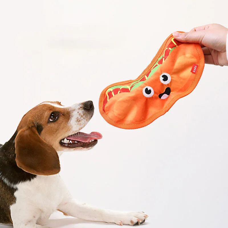 Food-themed crinkle and squeak dog toy in hamburger design for interactive play