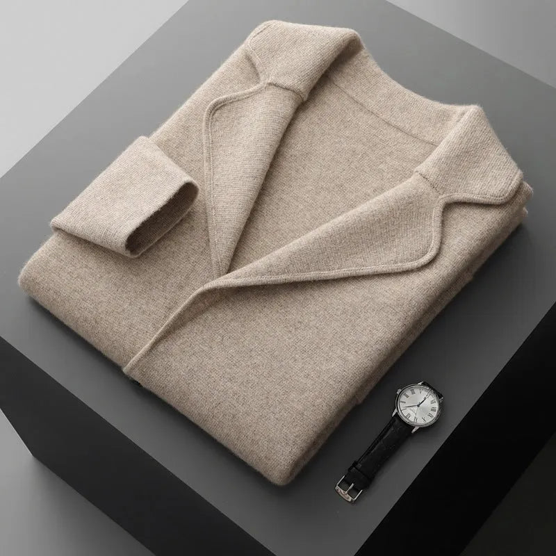 Men's cashmere blend lapel cardigan sweater in light grey showing loose fit and thickened knit construction