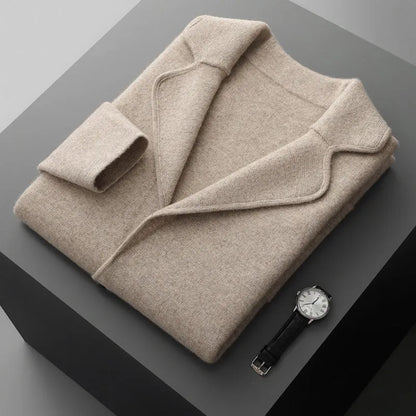 Men's cashmere blend lapel cardigan sweater in light grey showing loose fit and thickened knit construction