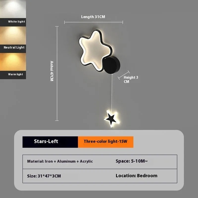 Black five-pointed star shaped children's wall lamp with a left-facing cloud design and touch control for three colour LED light.