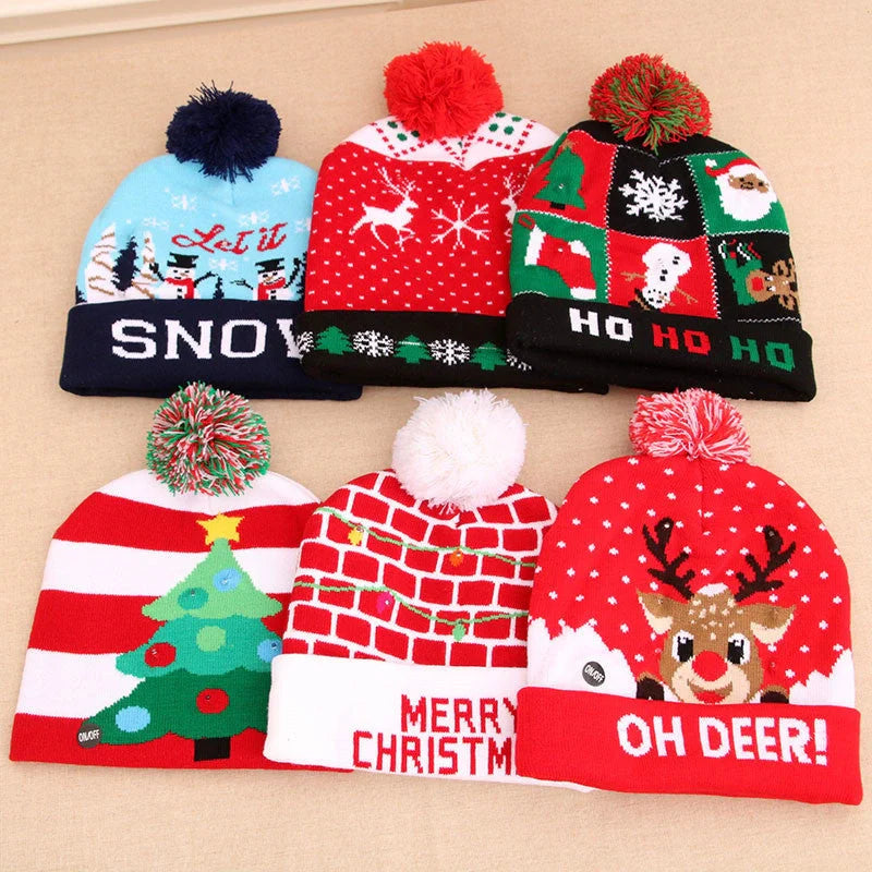 LED Christmas knitted beanie with light-up features in various festive designs