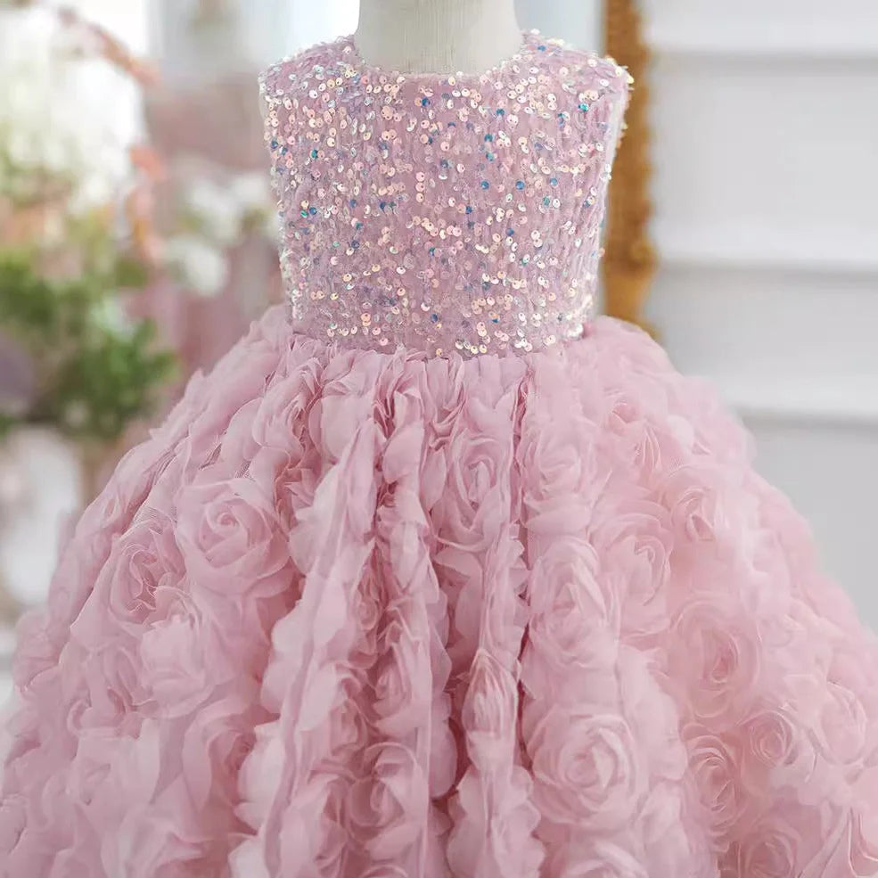 Pink girls pettiskirt with sequins and three-dimensional flowers, sleeveless design for heights 80-160cm