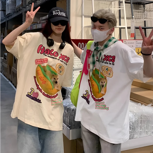 Cartoon hamburger dog printed cotton T-shirt in loose fit with short sleeves