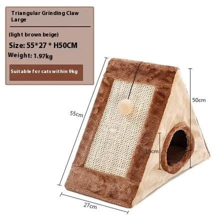 Grey and white triangular cat bed with an integrated sisal rope scratching post.