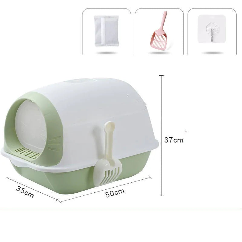 Semi-enclosed cat litter tray with flip cover, plastic and PP body, grey purple colour, scoop and deodorant bag included.