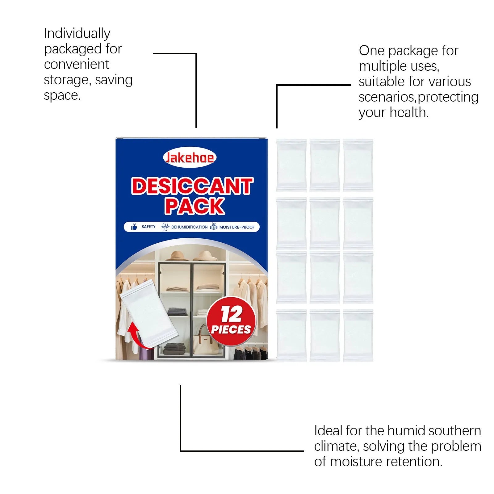 Pack of twelve white calcium chloride desiccant bags for household moisture absorption.