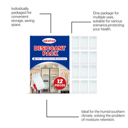 Pack of twelve white calcium chloride desiccant bags for household moisture absorption.