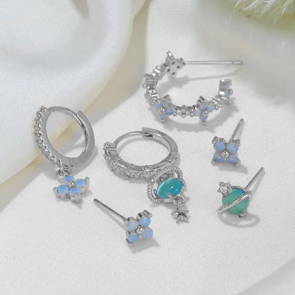 Gold and silver flower ear studs with zircon mosaic detailing, Japanese Korean style design