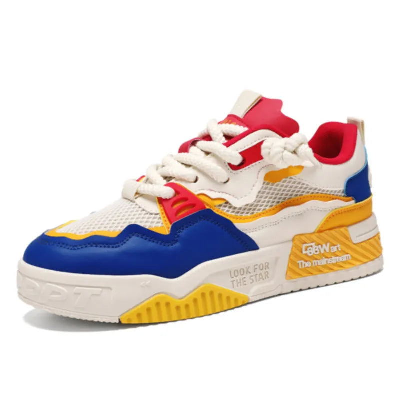 Men's low-top board shoes with rubber soles in white and yellow colour combination