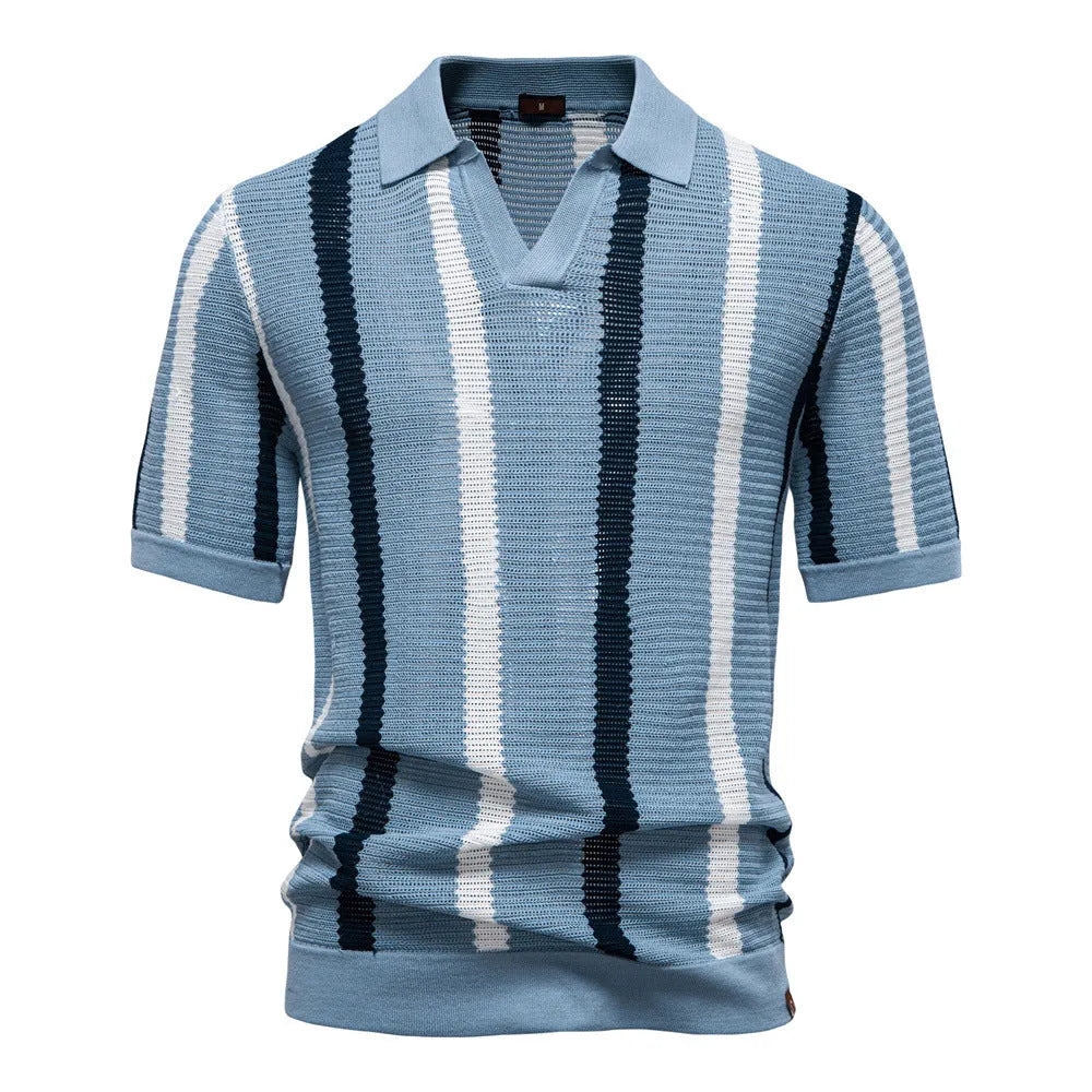 Men's breathable hollow fabric short-sleeved polo shirt with stripes in light blue colour.