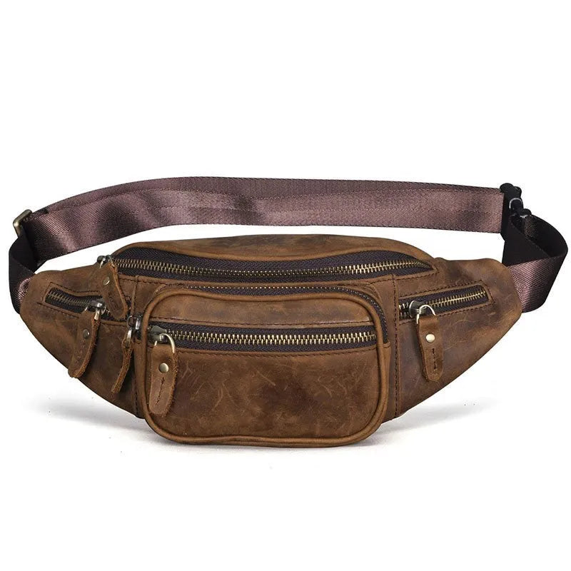 Retro style brown cowhide leather messenger bag with a single shoulder strap.