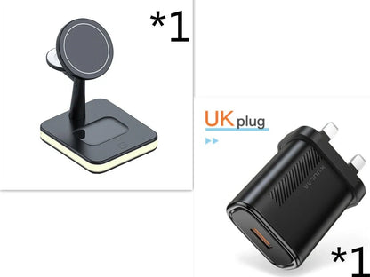 Black three-in-one wireless charger magnetic bracket on a desk charging multiple devices
