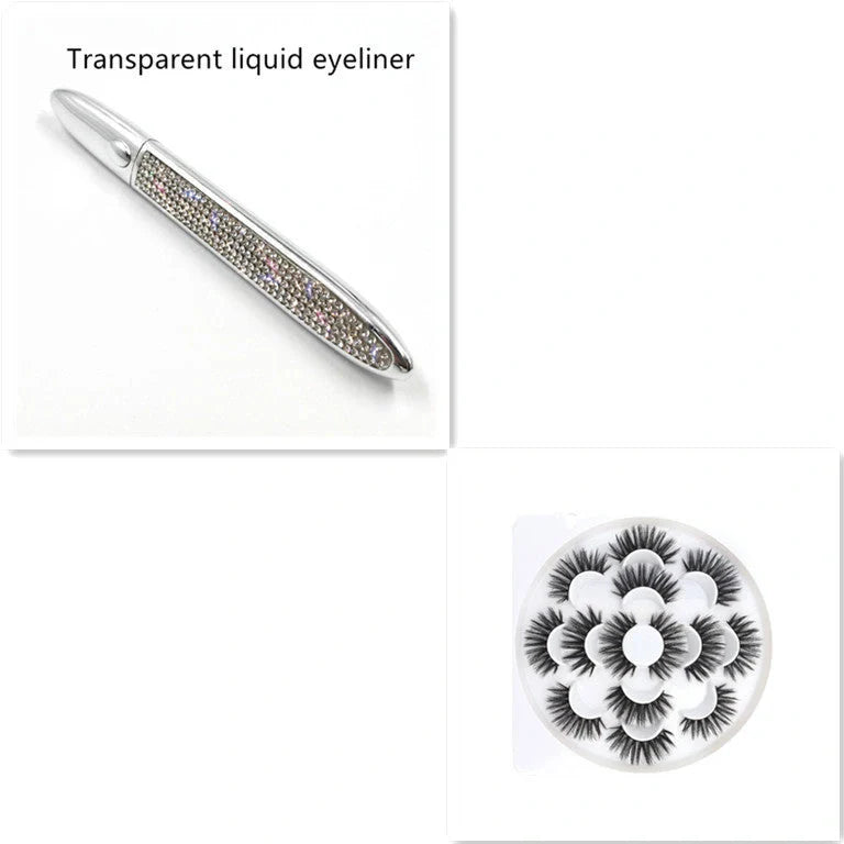 Multifunctional Self-Adhesive Eyeliner & Lashes Set with Black, Coffee, and Transparent Eyeliner Options and Full Diamond, Pearl, and Silver Lash Finishes
