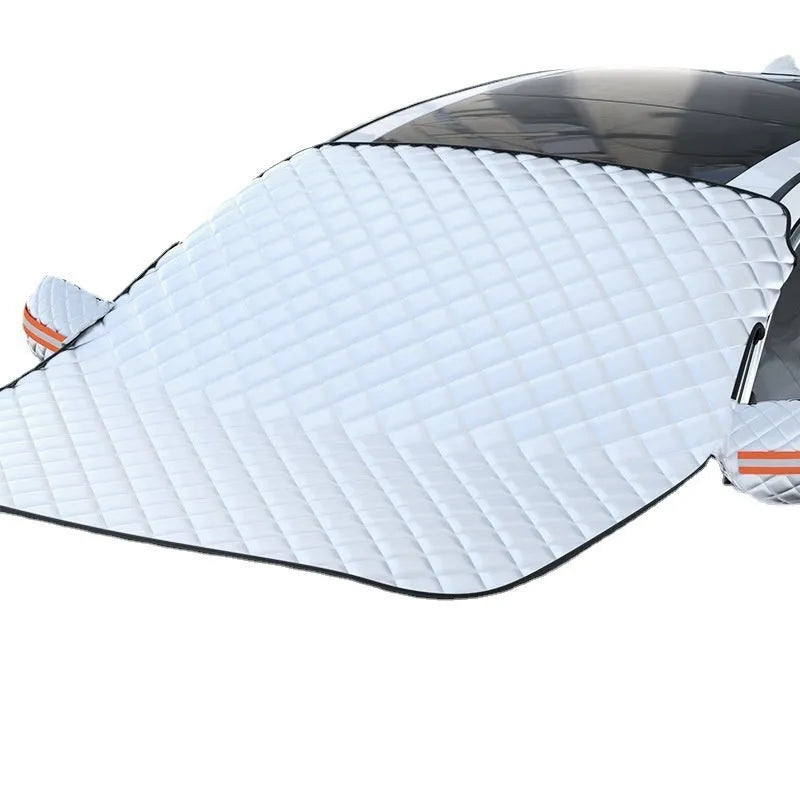 Winter car cover for SUV front windshield with reflective edges and magnetic attachment system