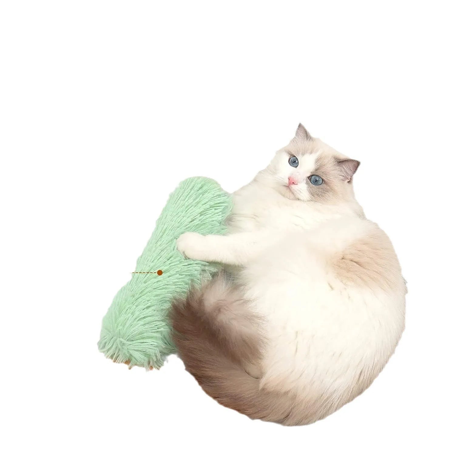 Plush cat toy pillow in blue, green, pink, and white colours measuring 27 by 10 centimetres