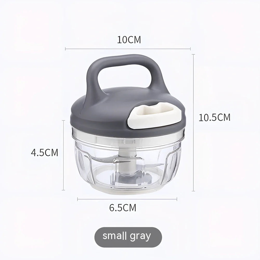 Gray household kitchen vegetable chopper with 200ml capacity and stainless steel blades measuring 10.5cm × 9.5cm