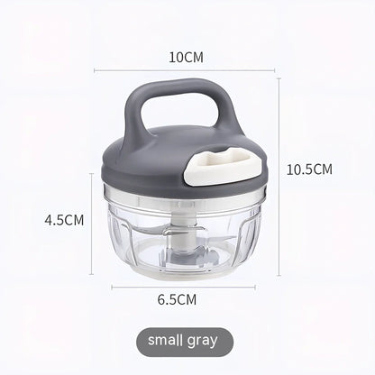 Gray household kitchen vegetable chopper with 200ml capacity and stainless steel blades measuring 10.5cm × 9.5cm