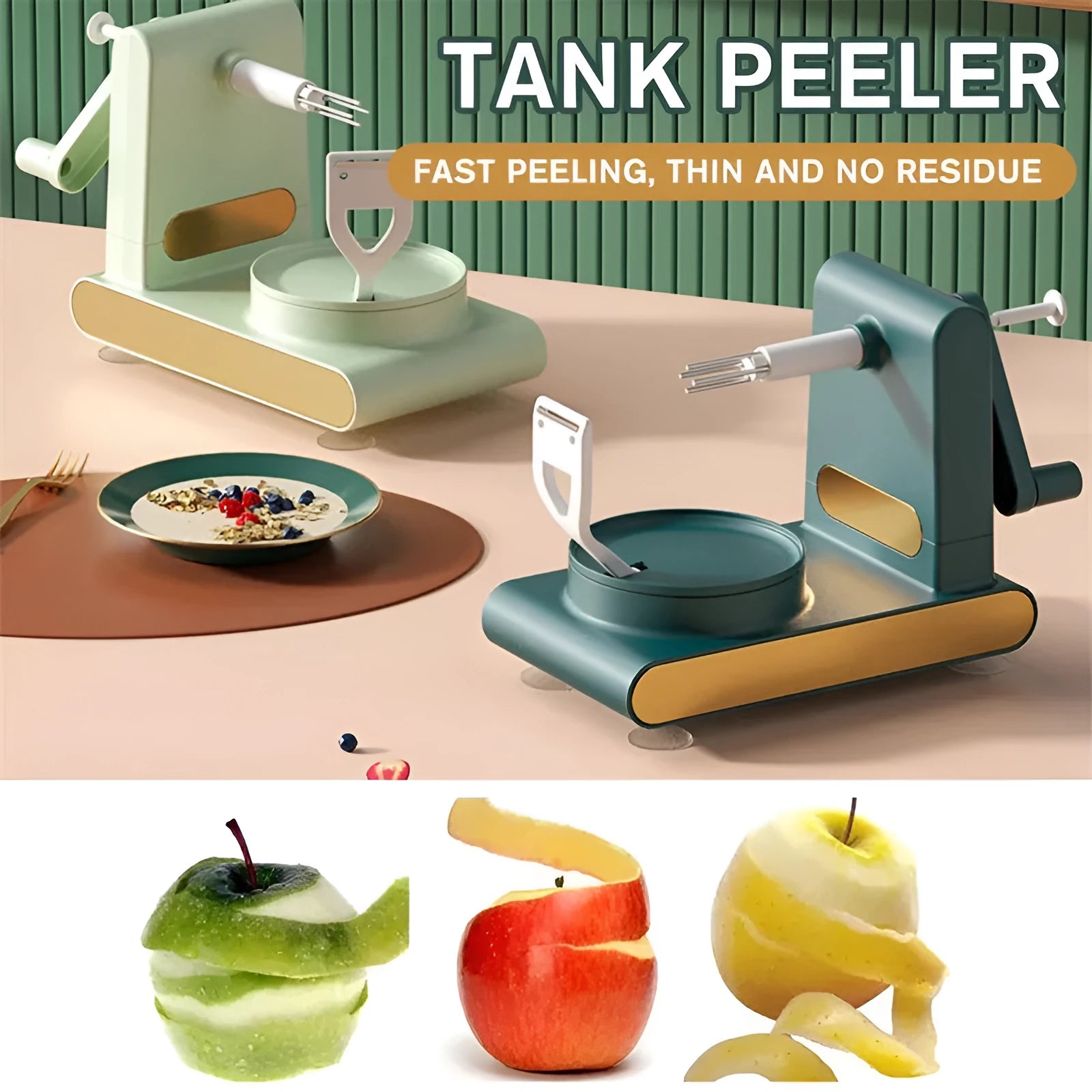 Hand-cranked ABS plastic peeler machine with suction cup base in light green colour
