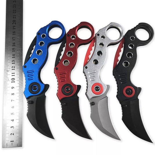Stainless Steel Outdoor Folding Claw Knife with black, blue, and red handle options