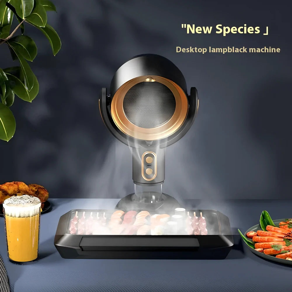 Portable desktop range hood in black gold finish with USB cable, dimensions 145x226x275mm