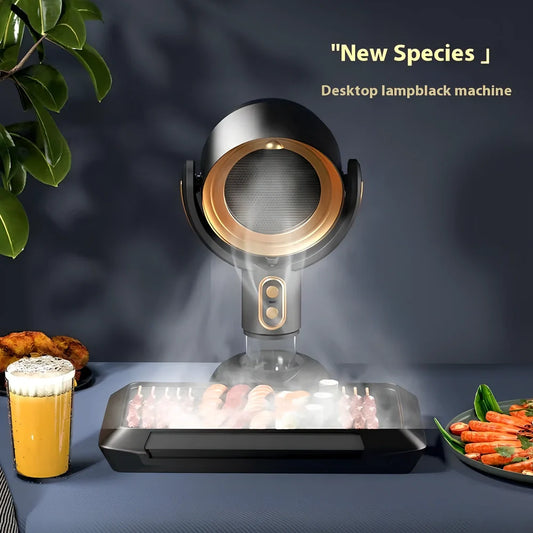 Portable desktop range hood in black gold finish with USB cable, dimensions 145x226x275mm