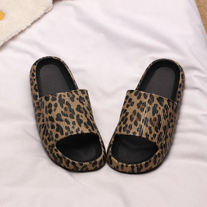 Women's leopard print slippers with a thick EVA sole in multiple colour options on a white background.