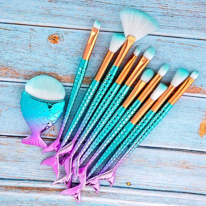 11-piece Mermaid Makeup Brushes Kit with nylon bristles and plastic handles