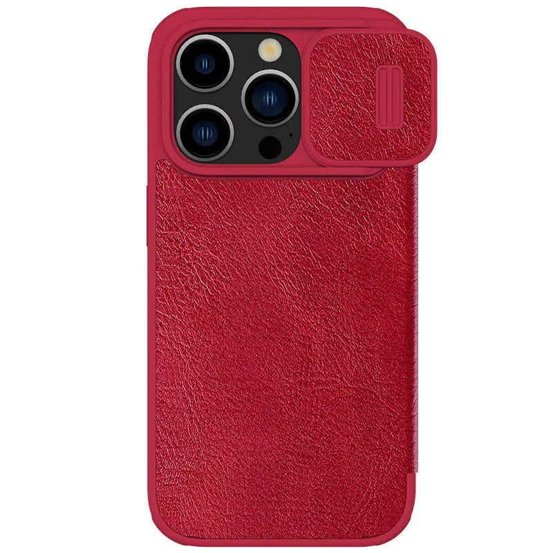 Flip-style imitation leather phone case for iPhone 14 Pro Max in black, brown, and red colour options