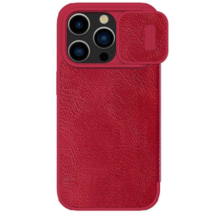 Flip-style imitation leather phone case for iPhone 14 Pro Max in black, brown, and red colour options