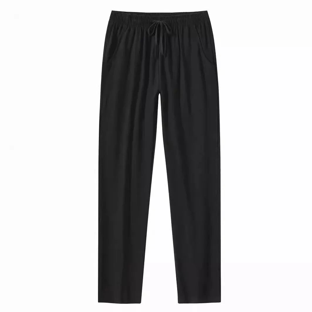 Men's cotton linen beach trousers in loose casual fit, shown in solid colour options