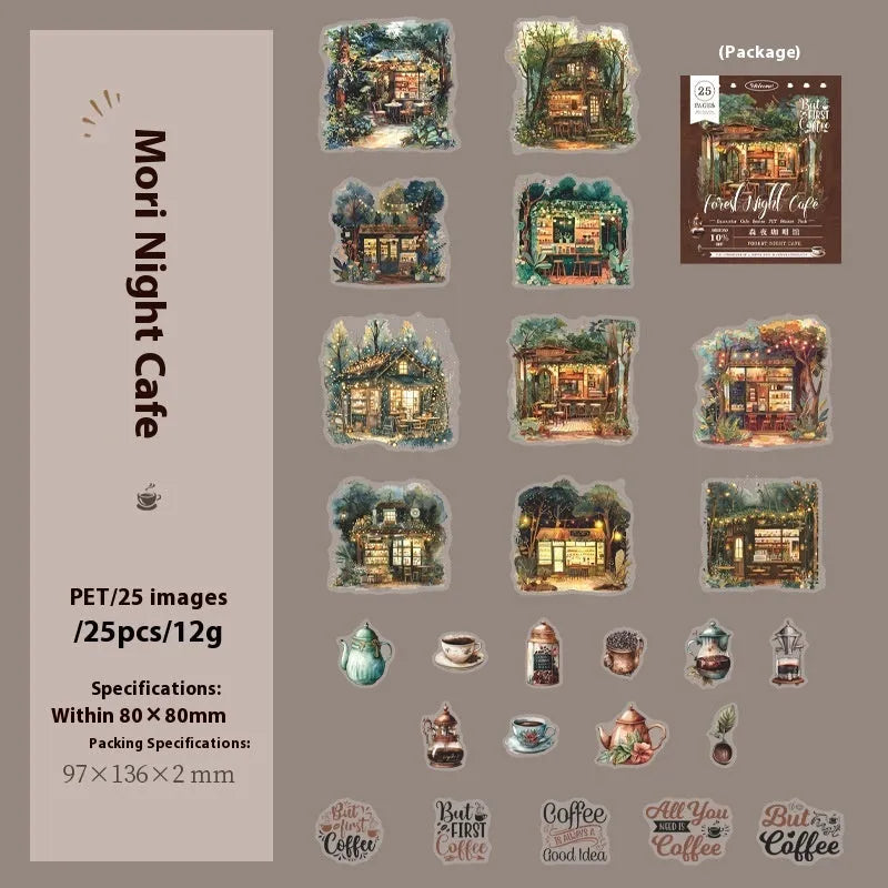 Cafe series retro hand account sticker package with Mori Night Cafe, Green Cafe, and other cafe styles in 25 or 75 sticker packs