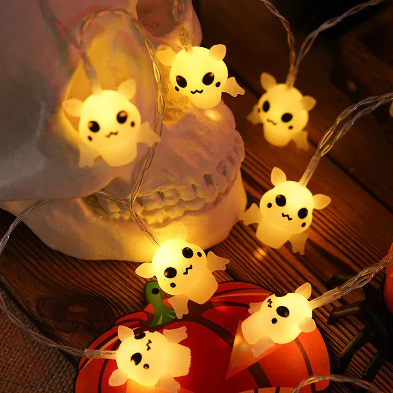 Warm glowing Halloween lighting chain with pumpkins, ghosts, and bats for indoor and outdoor decoration