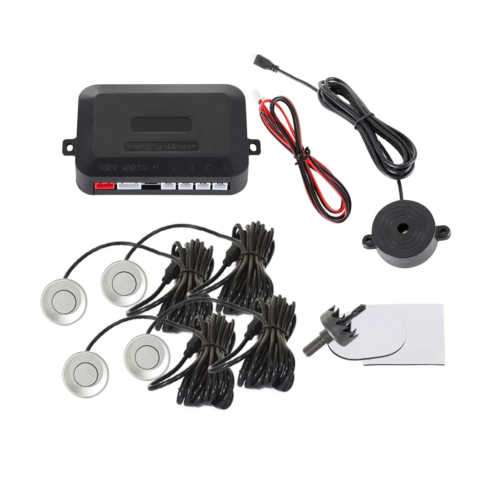 4-probe buzzer reversing radar kit with sensors, control module, and hole saw.