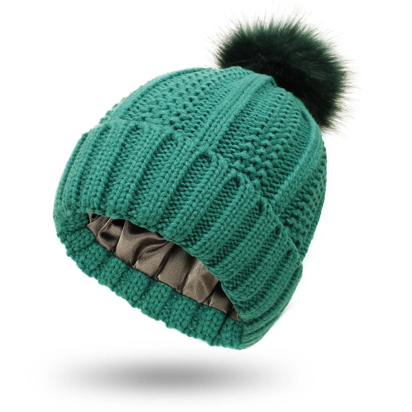 Cozy satin-lined knit beanie with plush faux fur pom-pom in various colors for women
