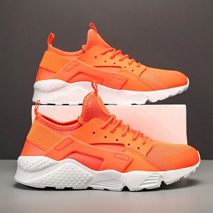 Men's low top casual shoes in fluorescent red mesh with cross straps and round toe