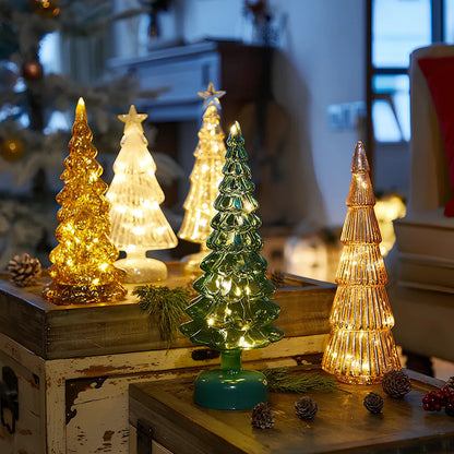 15cm geometric Christmas tree table decoration with glitter finish on borosilicate glass