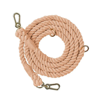 Woven rainbow pattern dog leash with double grip handles and a metal clasp.