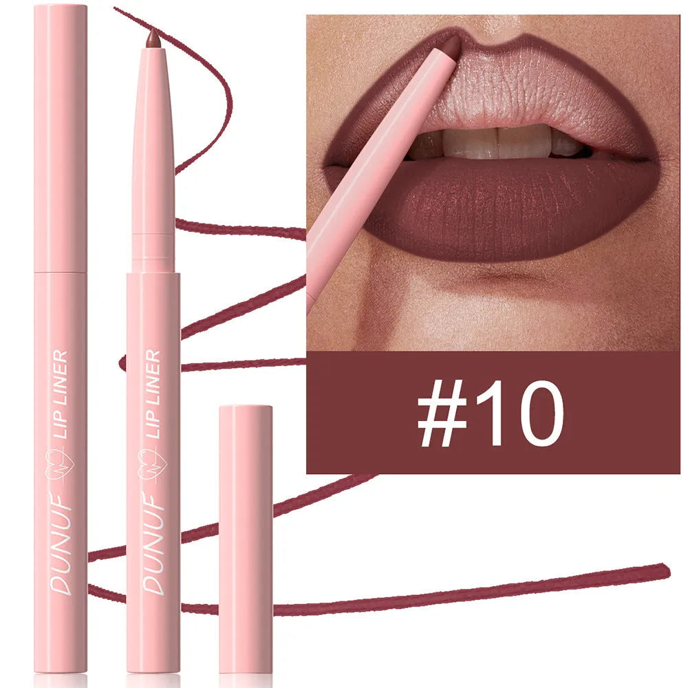 Velvet matte lip liner pencil in one of 12 colours with soft blunt tip for lip definition