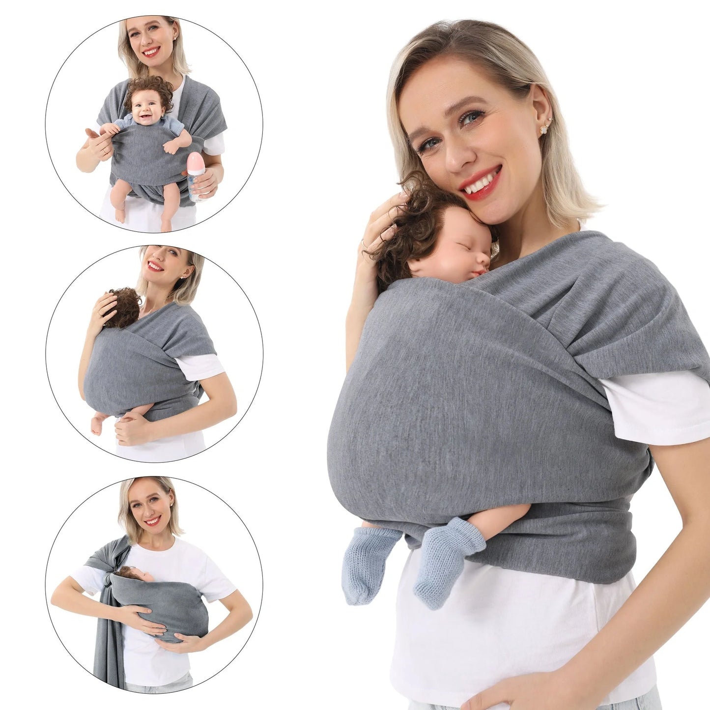 Multi-functional baby carrier wrap in various colors for front and back carrying