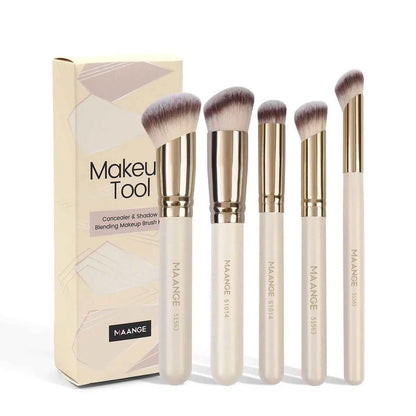 Apricot-coloured angled blush makeup brush and kabuki brush from a 5-piece synthetic bristle set.
