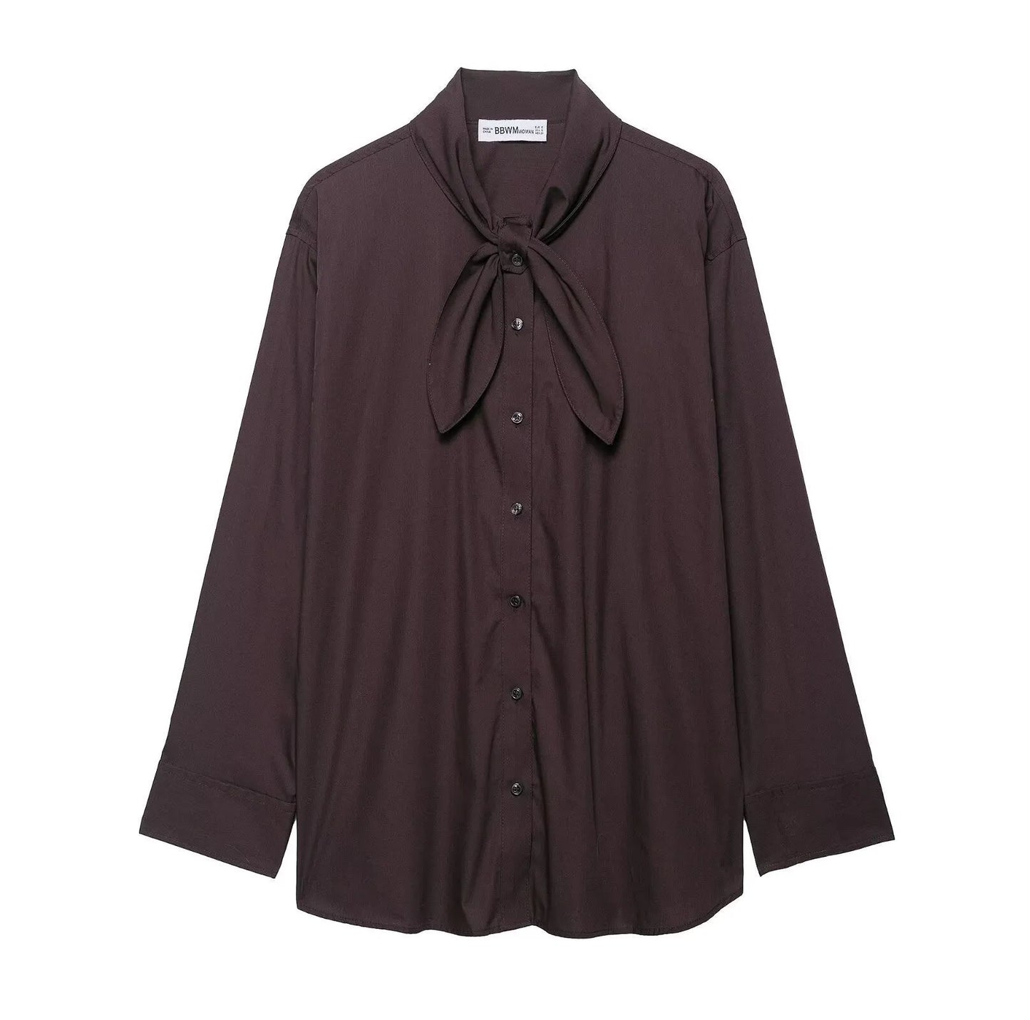 Brown women's loose fit poplin shirt with cardigan-style opening and bow tie detail